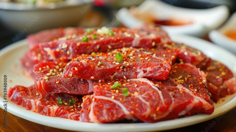 Raw diced meat seasoned with spices and rosemary. Raw diced meat seasoned with spices and rosemary.