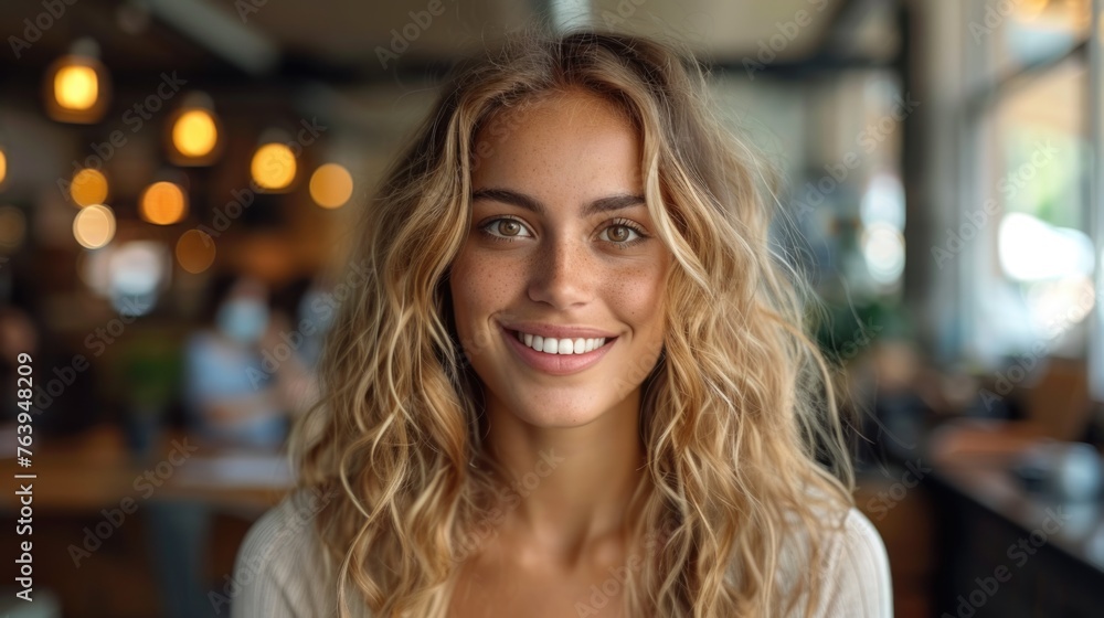 Smiling woman with curly hair in a cafe. Portrait photography with bokeh background Smiling woman with curly hair in a cafe. Portrait photography with bokeh background