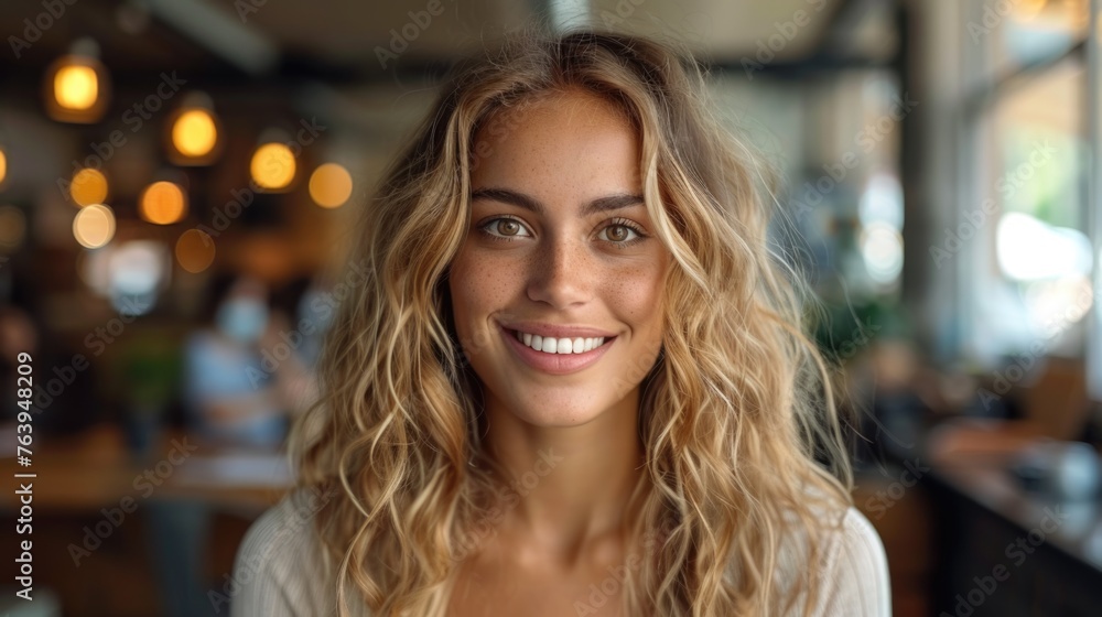 Smiling woman with curly hair in a cafe. Portrait photography with bokeh background