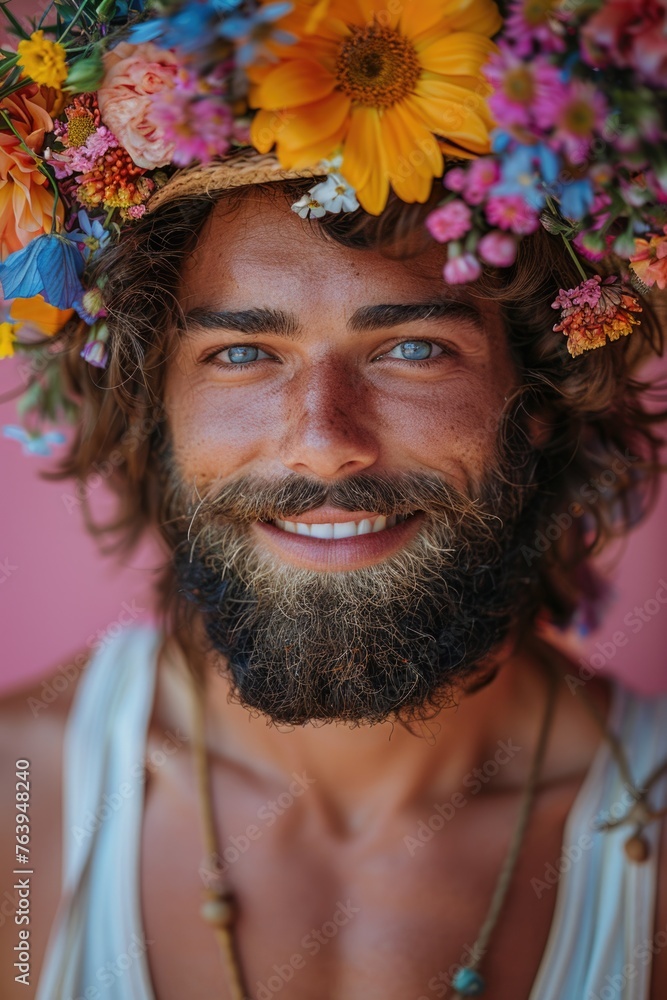Man with beard wearing flower crown. Spring and nature connection concept. Man with beard wearing flower crown. Spring and nature connection concept.