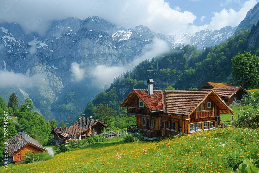 an idyllic Swiss alpine village nestled amidst lush greenery and snow-capped peaks, with quaint cottages dotting the landscape