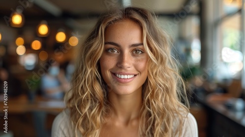Smiling woman with curly hair in a cafe. Portrait photography with bokeh background