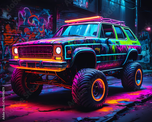colorful and bright vehicle, all-terrain vehicle made of neon lights, glowing in the dark, vibrant colors, graffiti art, splash art, street art, spray paint