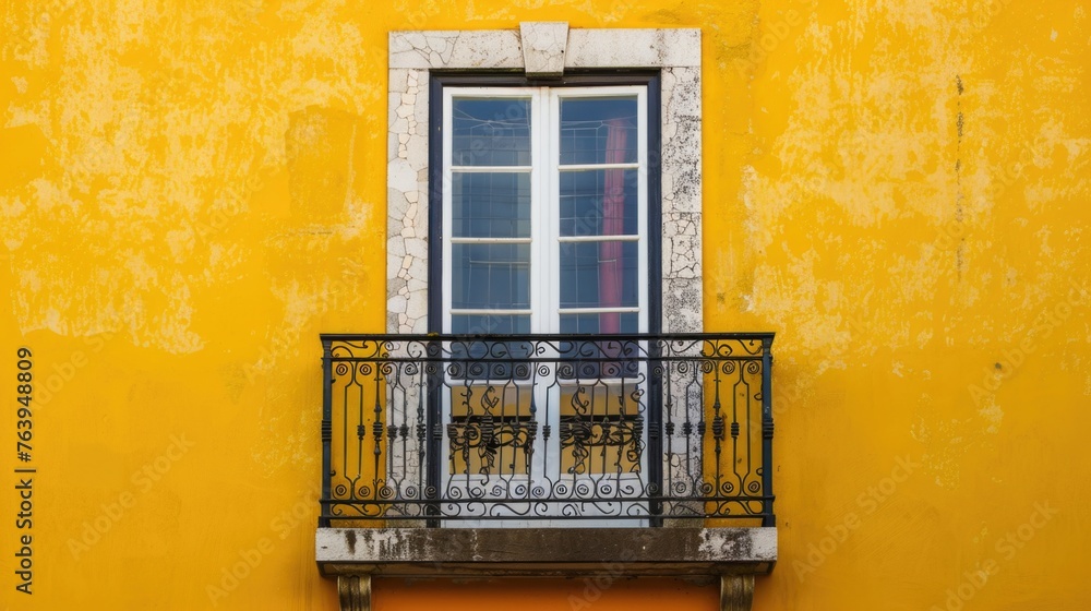 Obraz premium Traditional window with flower pots on a vibrant yellow wall.