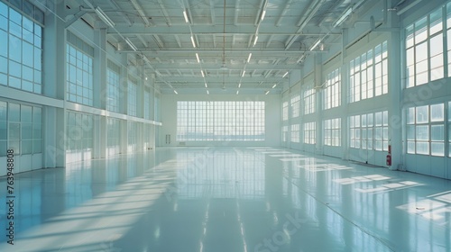 Spacious and modern factory interior with sunlight casting shadows