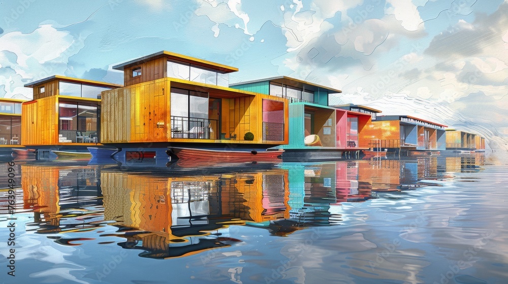 Floating Residential Barges: Maritime Coastal Living and conceptual metaphors of Maritime Coastal Living - obrazy, fototapety, plakaty 