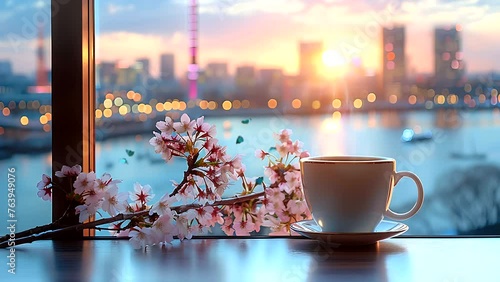  cup of coffee at the window with a spring cherry blossom cityscape of kobe. Seamless looping 4k time-lapse video animation background photo