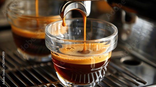 Espresso shots being pulled into clear glasses.