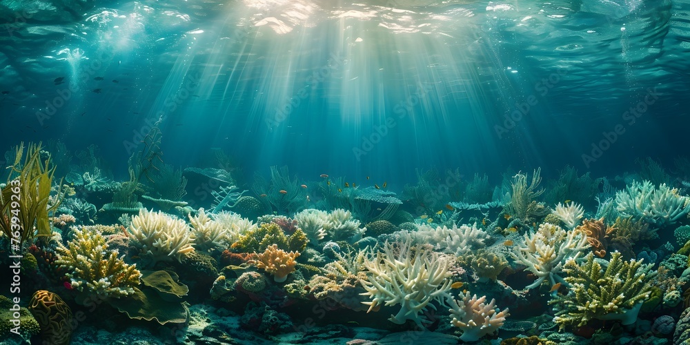 Obraz premium Thriving Underwater Coral Reef Project with Abundant Marine Life and Sunlight Rays