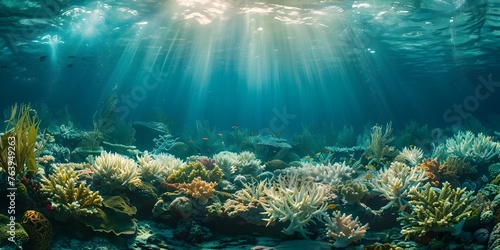 Thriving Underwater Coral Reef Project with Abundant Marine Life and Sunlight Rays © Bussakon