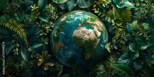 Harmonious Globe Surrounded by Flourishing Greenery,Symbolic of Sustainable Environmental Progress