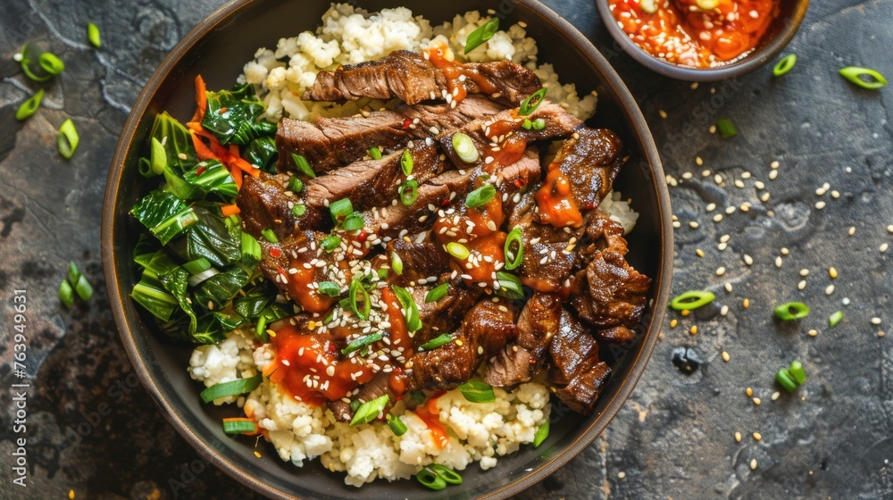 Bulgogi Korean beef dish with rice and green onions on a dark plate. Bulgogi Korean beef dish with rice and green onions on a dark plate.