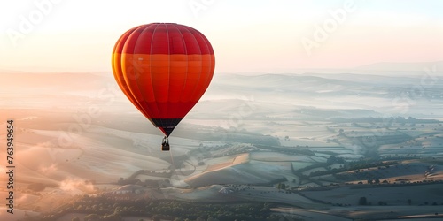 Hot Air Balloon Soaring Over Picturesque Countryside Landscape at Sunset with Vibrant Sky and Clouds