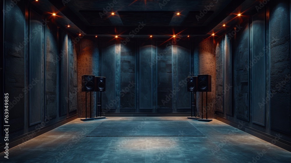 Professional empty music recording studio with modern soundproofing and speakers