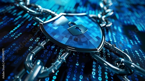 An illustration of a metallic shield symbolizing data breach protection, placed over a stylized database, secured with heavy chains, representing strong cybersecurity measures. photo