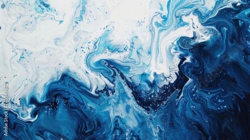 Abstract blue and white fluid art painting with dynamic swirl patterns.