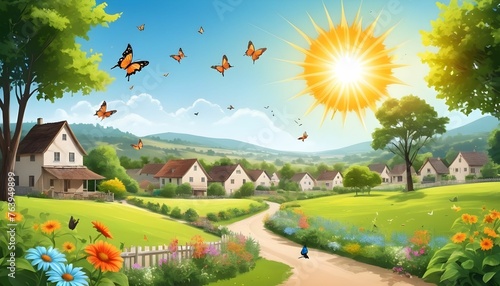 Happy summer season background with having garden full of trees butterflies and birds along with bight sun and clear sky and behind all of them a hustling and beautiful village photo