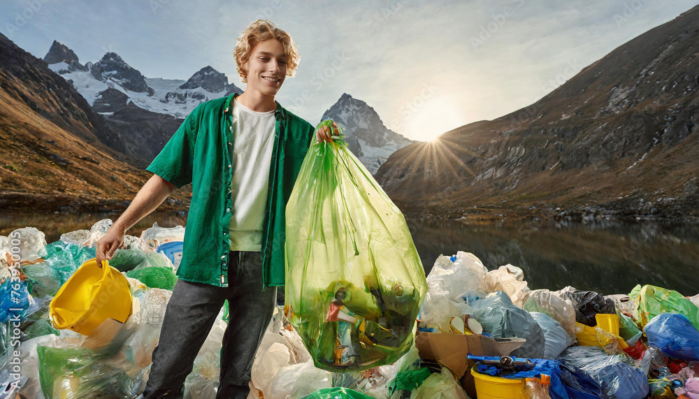  Foto zu Symbolik, Müll, junger Mann steht mit Müll vor einer Müllhalde, KI 