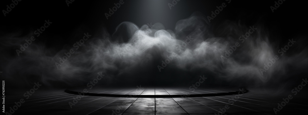 Spectral Smoke Whispers Above Circular Stage on Dark Background - obrazy, fototapety, plakaty 