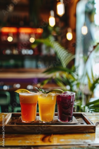 Assortment of fresh fruit juices in clear glasses on rustic wooden tray  healthy drinks concept.