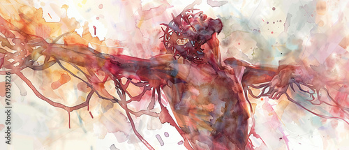 A stunning modern artwork featuring a man wearing a crown of thorns, created with a mix of sketching, painting, and illustration techniques using acrylic and watercolor paints