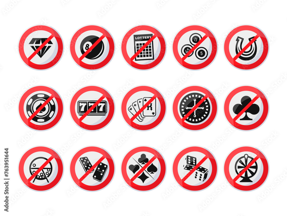No gambling red crossed circle badge black minimalist label set vector illustration No gambling red crossed circle badge black minimalist label set vector illustration