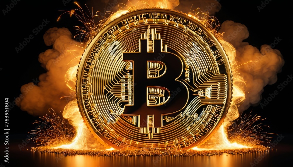 An illuminated Bitcoin symbol rises above a fiery horizon, metaphorically illustrating the rise of cryptocurrency and its warming effect on the economic landscape. The scene captures the essence of