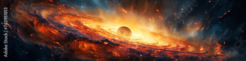 panorama of fantastic outer space with stars, constellations, galaxies, planets and black hole