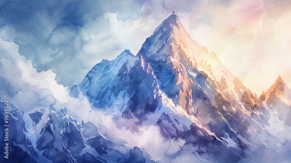 An ethereal watercolor captures the majestic mountain peak surrounded by swirling clouds, showcasing the serene beauty of nature in this breathtaking landscape - obrazy, fototapety, plakaty 