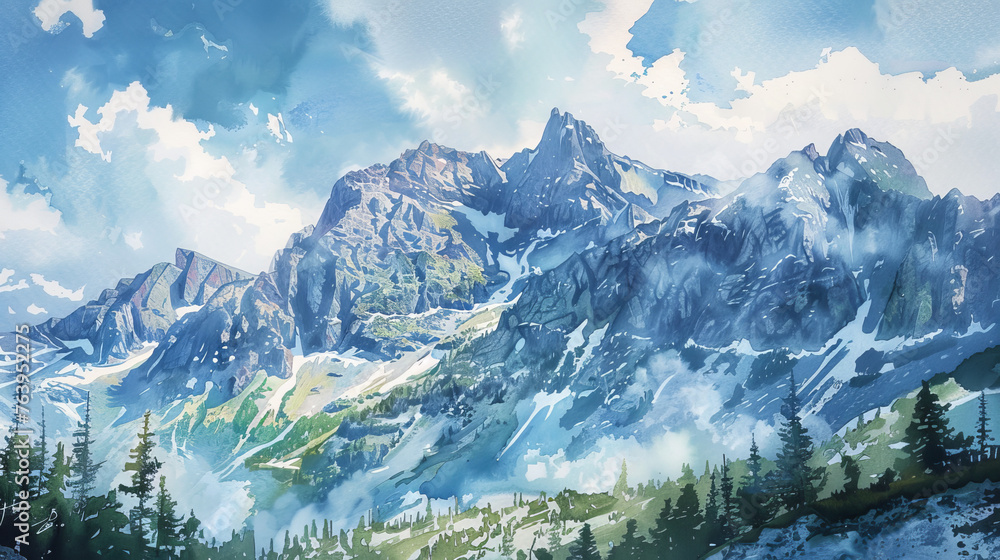 An ethereal watercolor captures the majestic beauty of a snow-capped mountain range, nestled among a serene landscape of clouds, trees, and glacial landforms