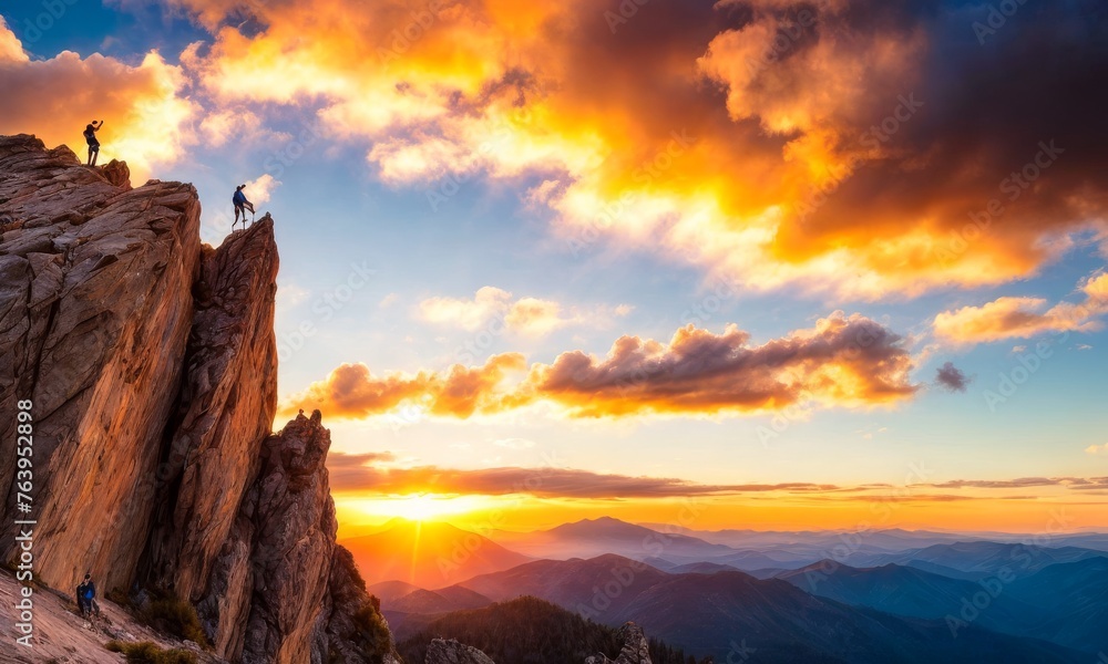 Adventurers scale a rugged cliff as the sun sets in the distance. The sky is a canvas of vibrant oranges and blues above the mountain's silhouette.