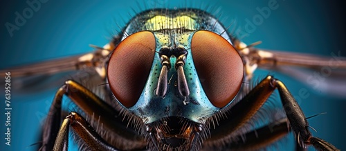 A closeup sculpture of an arthropods face resembling a fictional character, with symmetrical wings and a helmet, set against an electric blue background photo