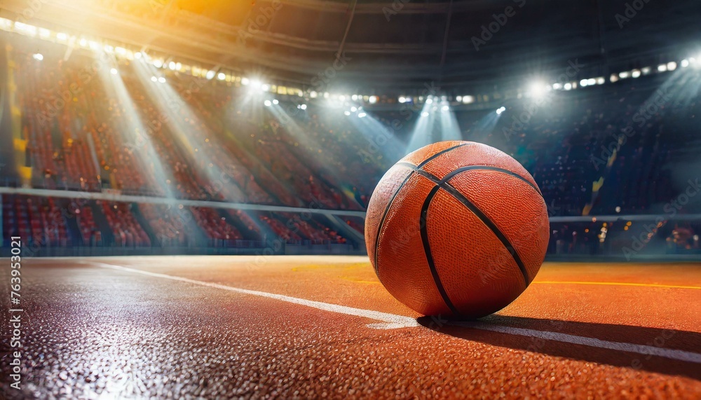 Basketball ball lying on floor on sport arena, stadium with sun light coming into gym - obrazy, fototapety, plakaty 
