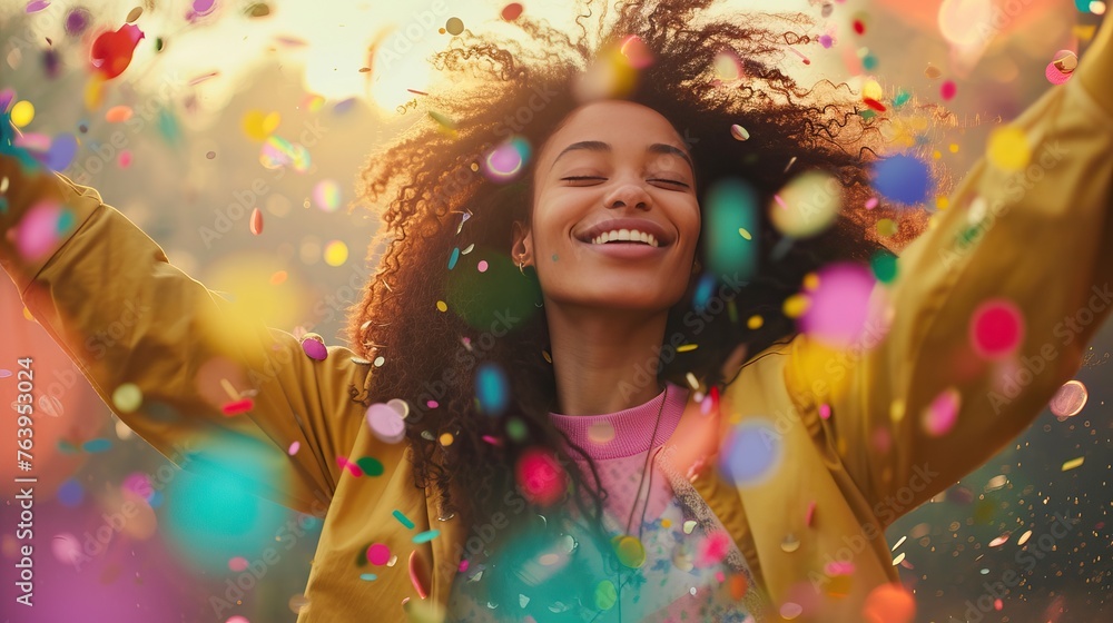 Joyful smiling black woman with curly hair enjoying a party. Various backgrounds and colors. Multicolored confetti. Joy of life and pleasant moments. Joyful smiling black woman with curly hair enjoying a party. Various backgrounds and colors. Multicolored confetti. Joy of life and pleasant moments.