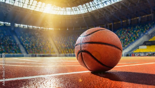Basketball ball lying on floor on sport arena  stadium with sun light coming into gym