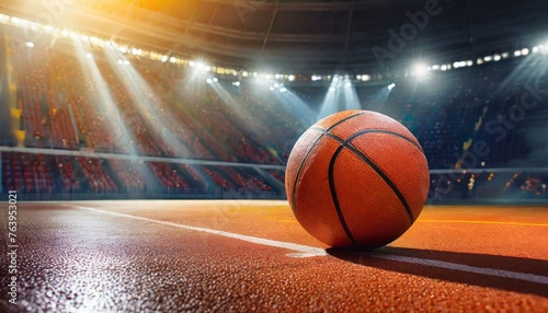 Basketball ball lying on floor on sport arena, stadium with sun light coming into gym