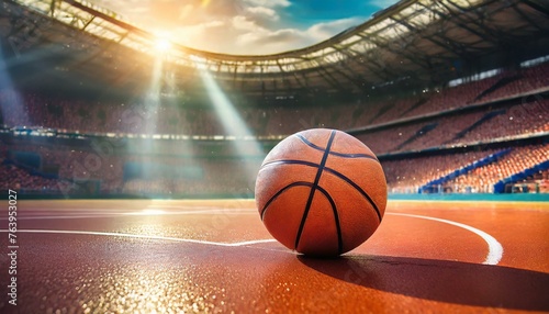 Basketball ball lying on floor on sport arena, stadium with sun light coming into gym photo