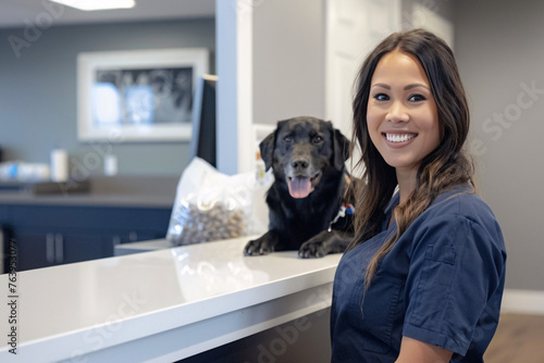 Woman and black dog behind clinic reception desk