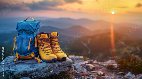 Yellow hiking shoes and a blue hiking backpack rest atop a high hill or rock, silhouetted against the setting sun, capturing the essence of adventure and exploration. photo