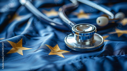 Close-up of a medical stethoscope on the European Union flag, focused healthcare concept AI-Generated
