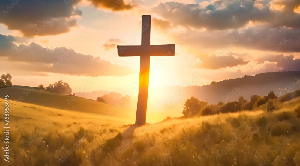 Ascension day concept The cross on meadow autumn sunrise background Video Ascension day concept The cross on meadow autumn sunrise background Video