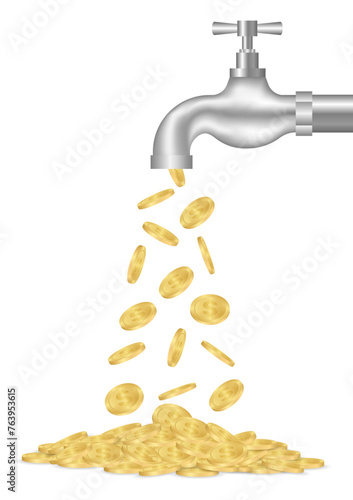 Water Tap with Falling Money Coin. Saving and Investment Concept. Vector Illustration.