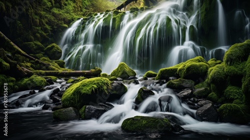 Moss covered rocks and clear water at pristine waterfall photo