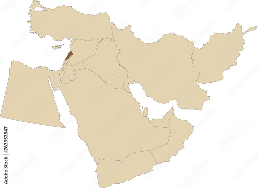 Fototapeta premium Dark brown detailed CMYK blank political map of LEBANON with black national country borders on transparent background using orthographic projection of the light brown Middle East