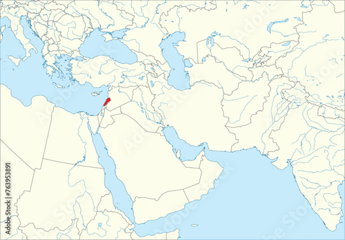 Red detailed CMYK blank political map of LEBANON with black national country borders on white continent background, blue sea surfaces and rivers using orthographic projection of the Middle East
