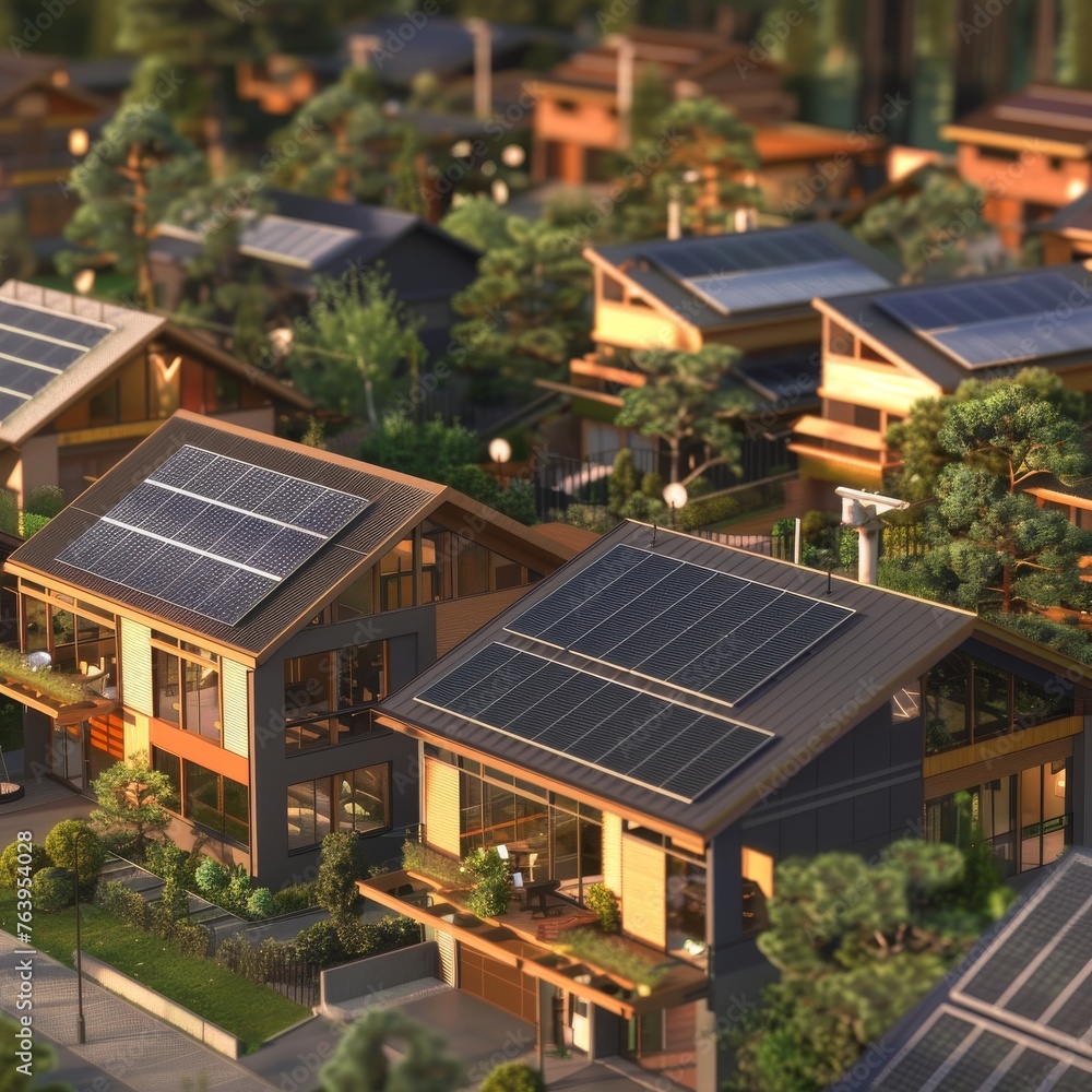 An aerial view of sustainable housing with solar panels, highlighting eco-living in a suburban setting during the golden hour