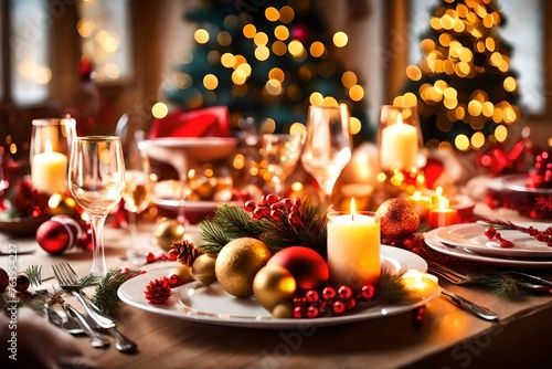 Christmas Dinner table top, beautifully decorated with creamy bokeh christmas lights in the background 