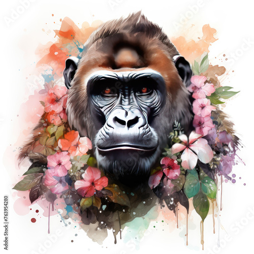 watercolor Gorilla Flowers clipart, Generative Ai