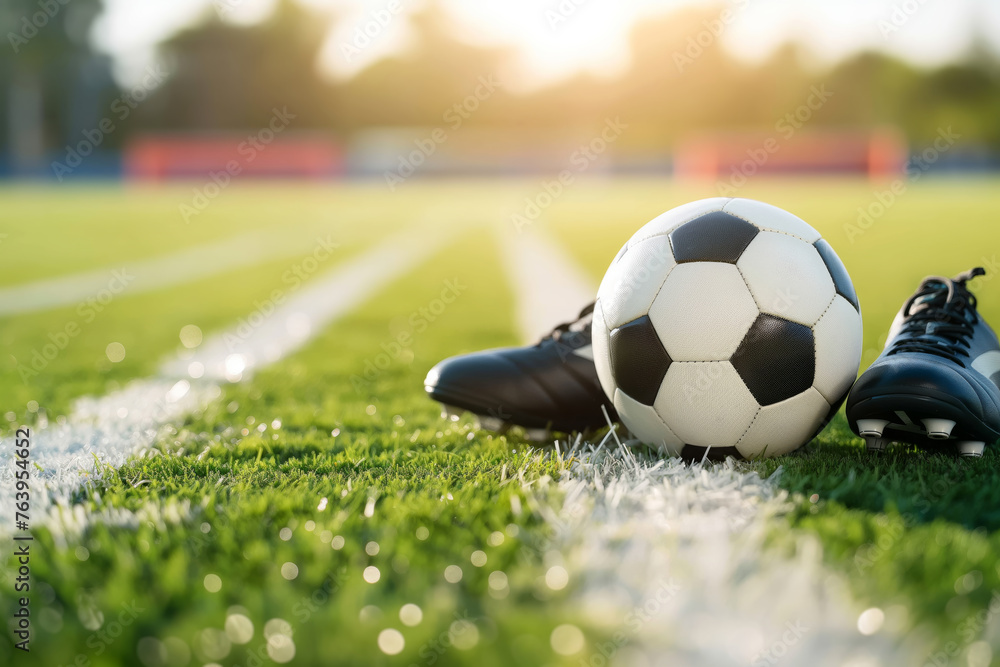 Obraz premium Soccer Ball and Cleats on Grass Pitch. Football Training Equipment Lying on Field Sideline. Soccer Stadium in the Background