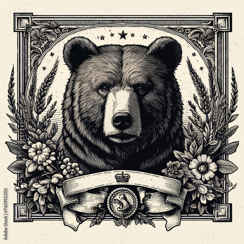 bear in frame with old engraving vector style, bear retro vintage illustration